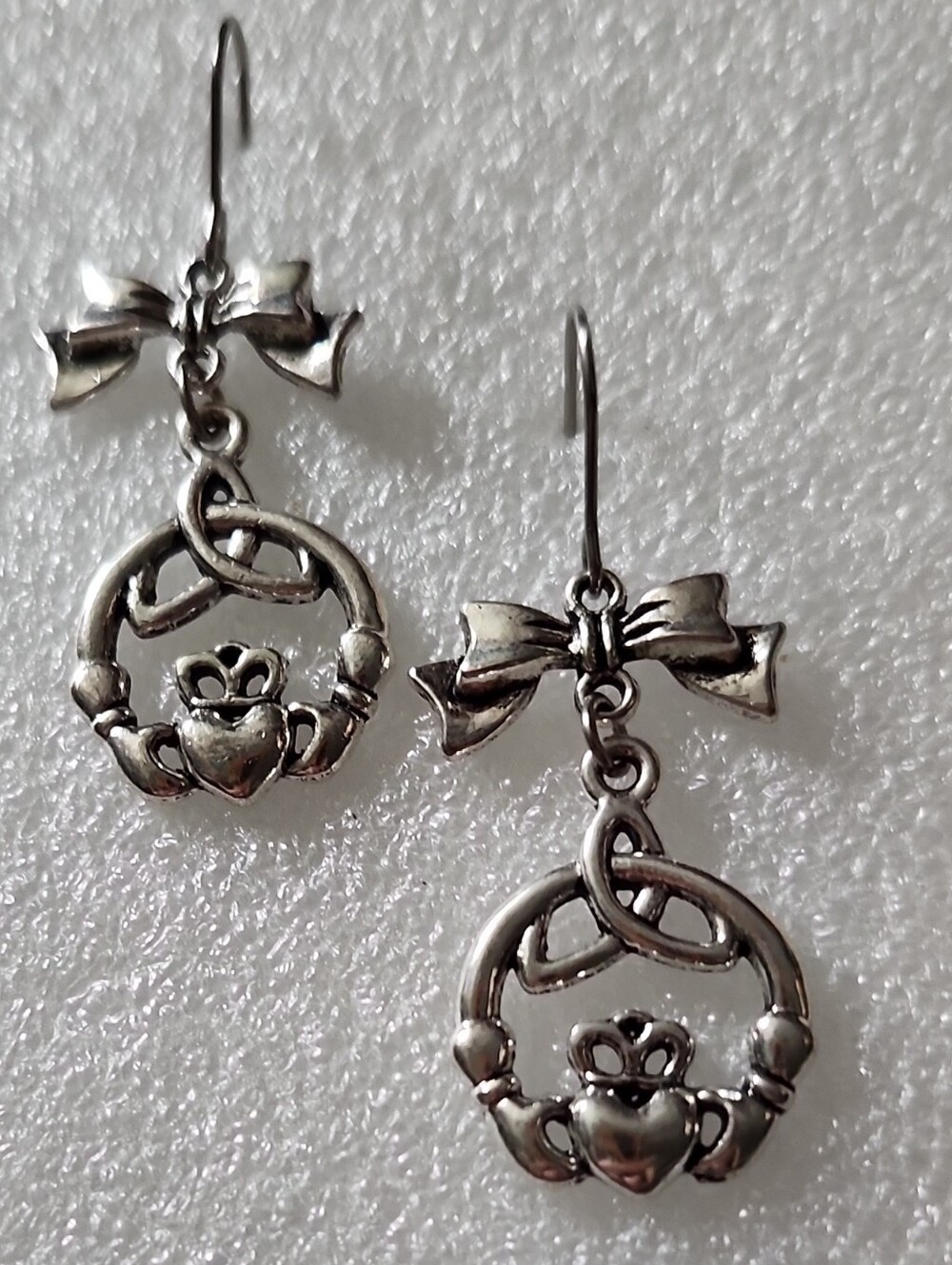 Hand Crafted Silver-Tone Celtic Claddagh Bow Drop Earrings